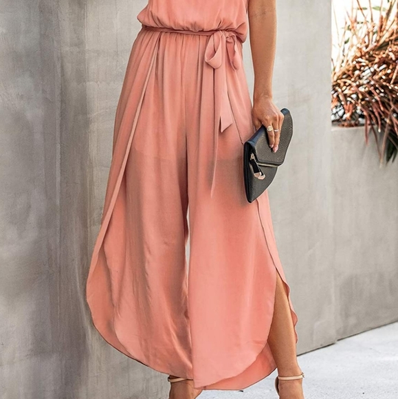 ⭐ HP ⭐ Blush Pink Split Wide Leg Spaghetti Strap Chiffon Cute Trendy Jumpsuit - Picture 10 of 10